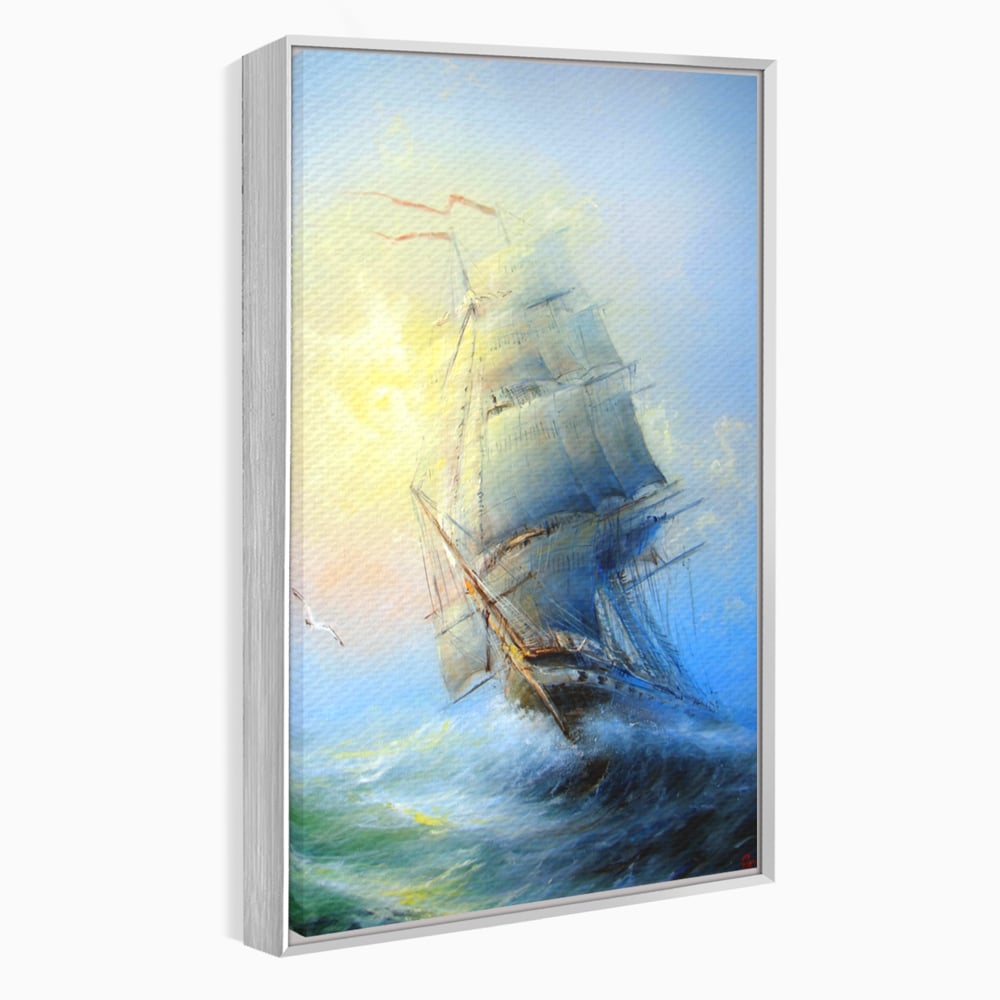Tablou canvas cu pictura cu vapor pe valuri furtunoase, in rama de aluminiu argintiu